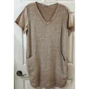 Gigi Moda Italy Women's M/L Brown Linen T-Shirt Dress Cover Up Pockets EUC